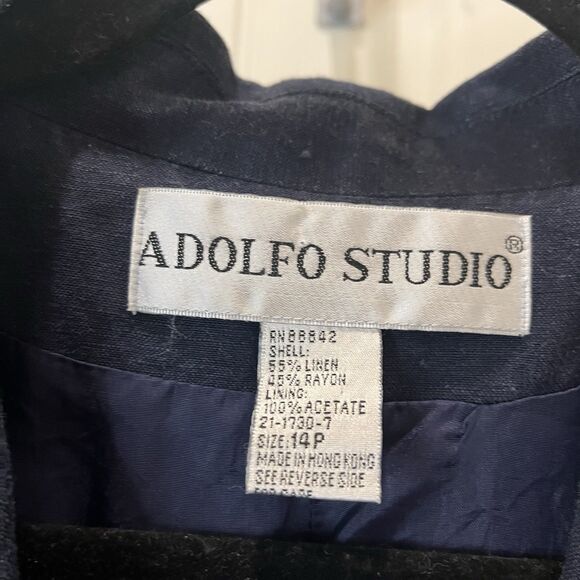 Adolfo Studio Navy Blazer Jacket Womens Size 14P Long Sleeve Linen Blend Career - Picture 3 of 9